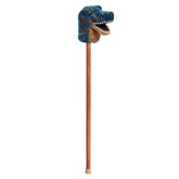 A blue and brown T-rex toy hobby horse with plush head from Giddy-Up Friends with fierce white teeth and dinosaur details.
